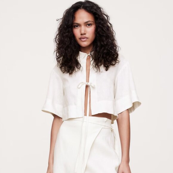 509. BANANA REPUBLIC LINEN TIE-FRONT CROPPED SHIRT Magnolia Ivory $90 NWOT XXS - Picture 3 of 3